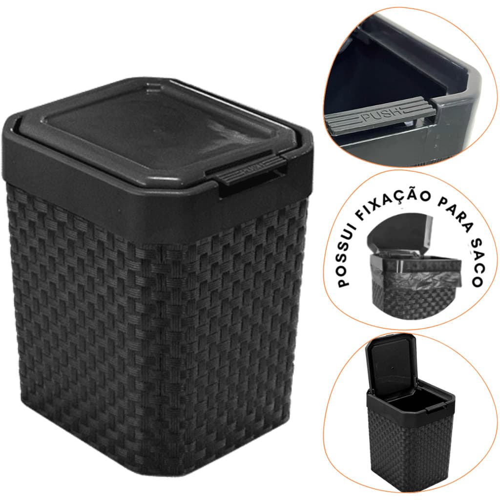 Lixeira Cesto de Pia Rattan Com Tampa Click Preta 5 Litros 25954PM ARQPLAST