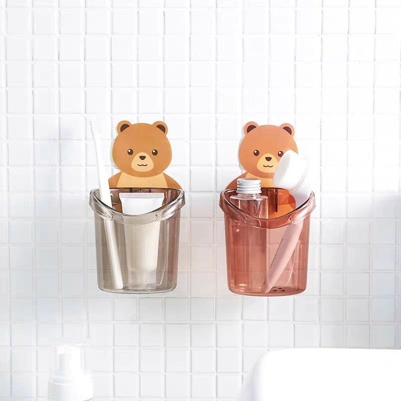 Suporte para Escova e Pasta de dente De Acrilico Banheiro Desenho Urso Com Adesivo Sem fura parede
