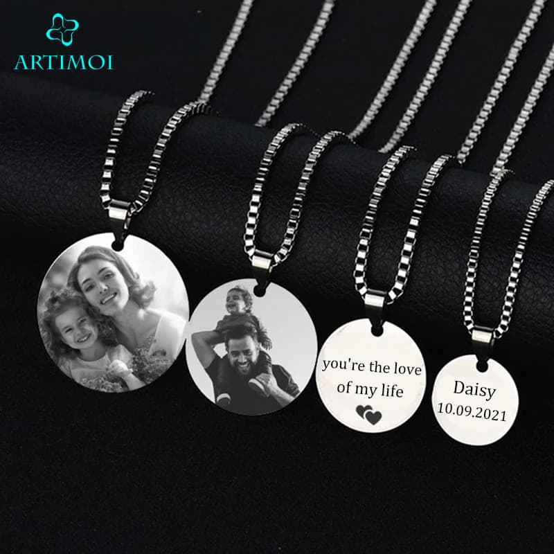 ARTIMOI Colar Com Pingente Redondo , Foto Personalizada , Aço Inoxidável , Gravado A Laser , Imagem , Texto , Colares ,