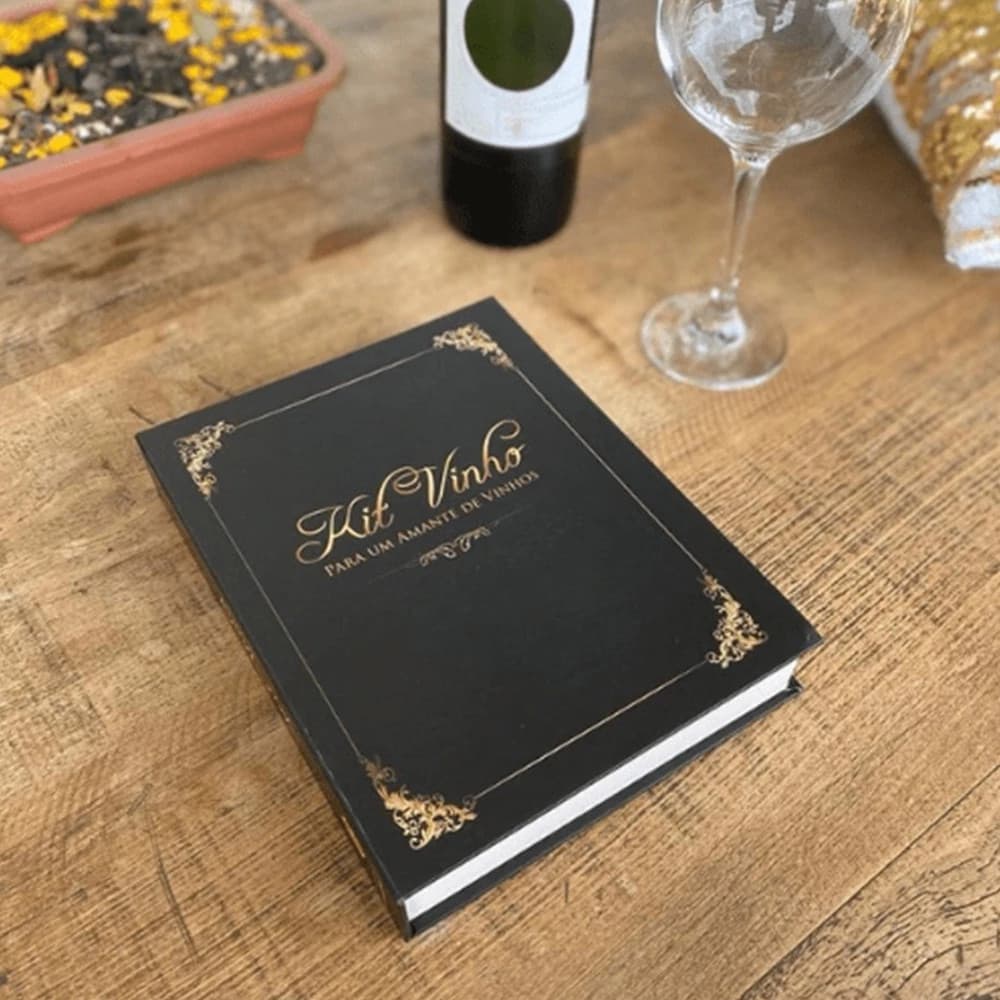 Kit Vinho 5 Peças Tampa Lacre Rosca Puxa Abridor Apreciador Vinho Formato Livro Elegância Saca Rolha