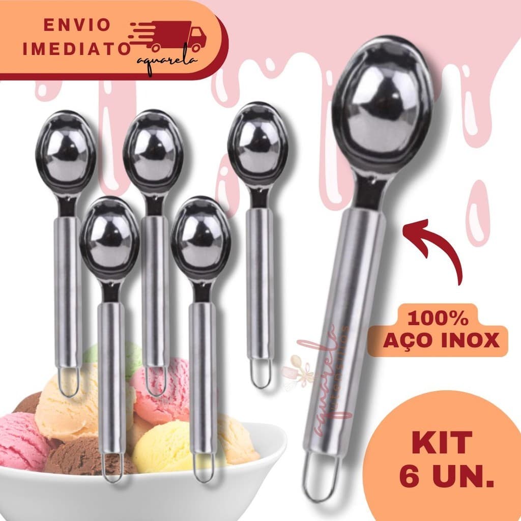 Kit 6 Colher Pegador De Sorvete Açai Aço Inox Prata Sorveteria Gelato Massa