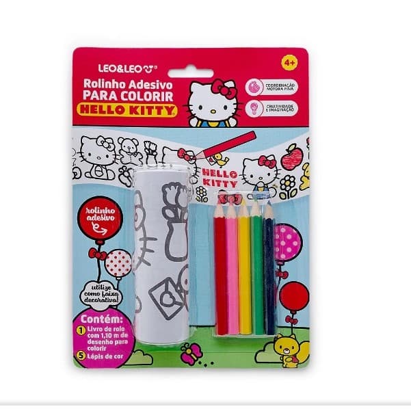 ROLO ADESIVO PARA PINTURA HELLO KITTY COM ROLO DE 1 METRO E 5 LÁPIS