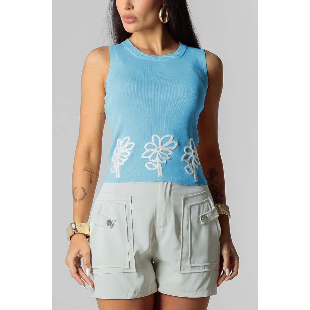 Blusa Regata Casual Feminina Modal Bordado Flores B27026