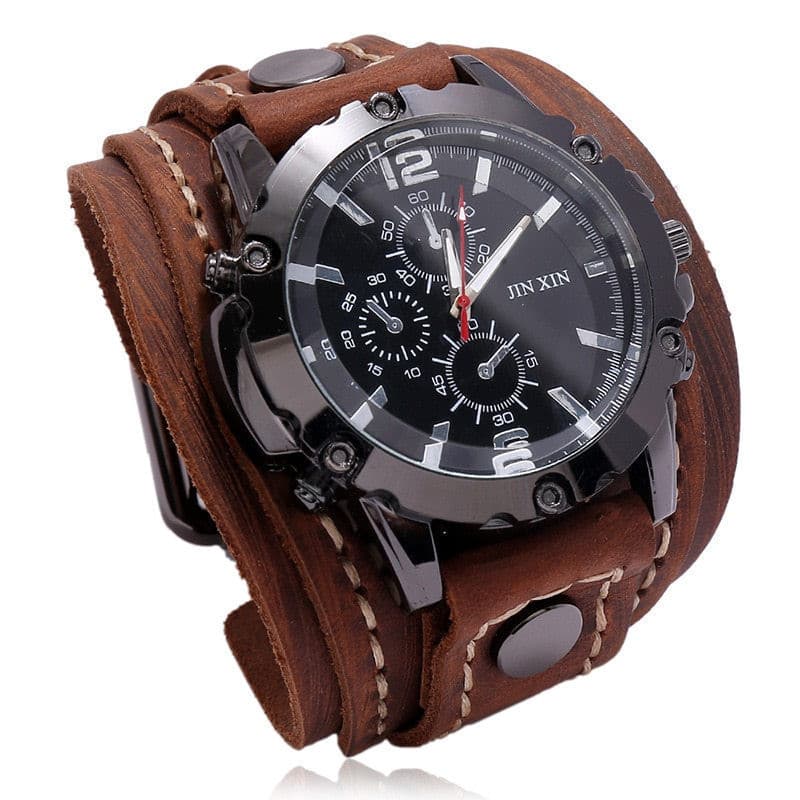 Relógio de Couro Masculino, Estilo Punk, Relógio de Pulso de Quartzo com Pulseira Longa