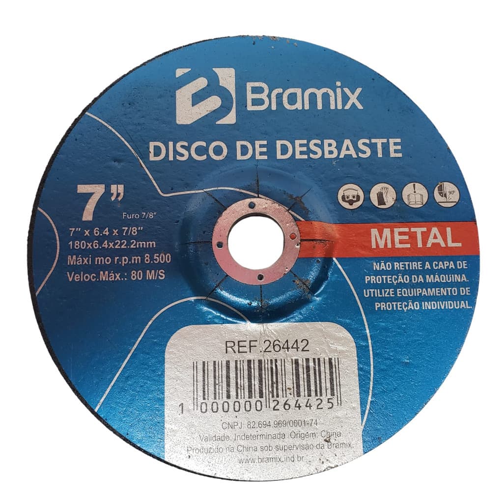 DISCO ABRASIVO DE DESBASTE 7"X6.4MMX22MM - BRAMIX