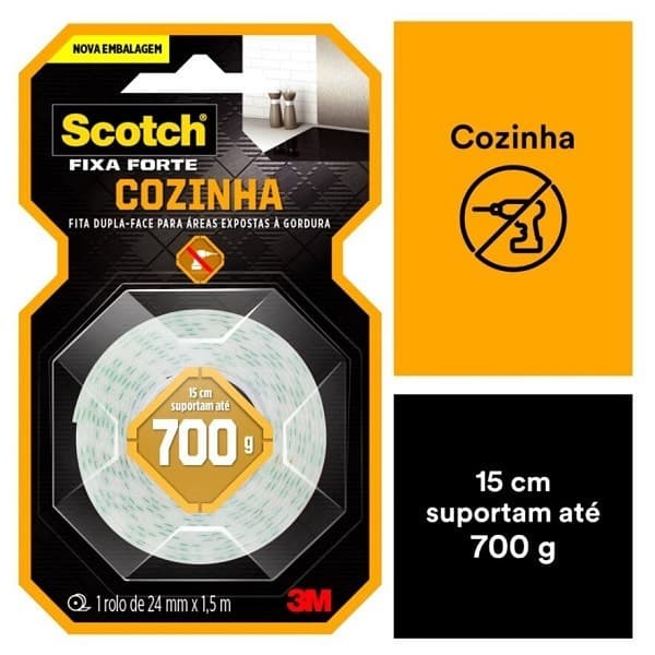 Fita Dupla Face Fixa Forte 3M Cozinha 24MM X 1,5M