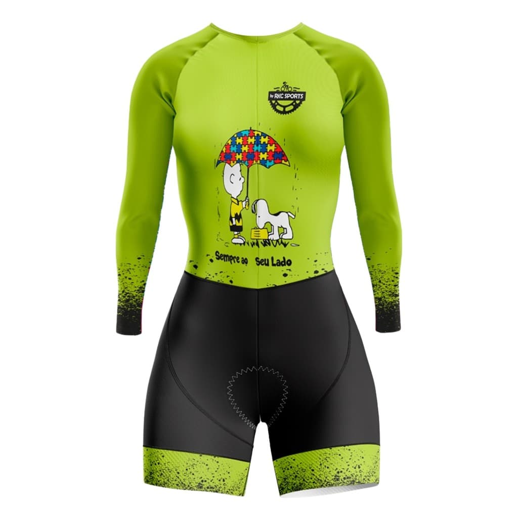 MACAQUINHO CICLISMO FEMININO MACACÃO FORRO EM GEL MOUNTAIN BIKE MANGA LONGA RKC SPORTS SNOOP VERDE