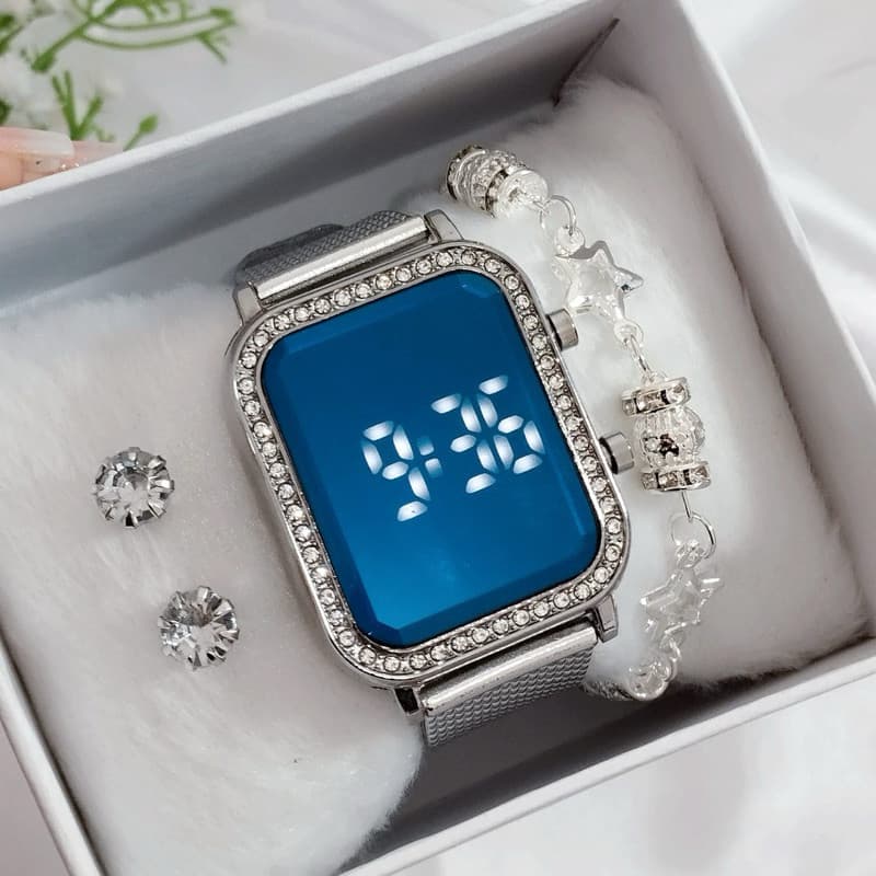 Relógio Digital De Pulso Feminino Led Quadrado Com Brilho Pulseira e Caixa