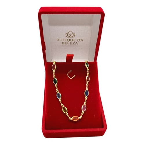 Colar Gargantilha Folheada A Ouro Choker Pedras Coloridas 31,5cm