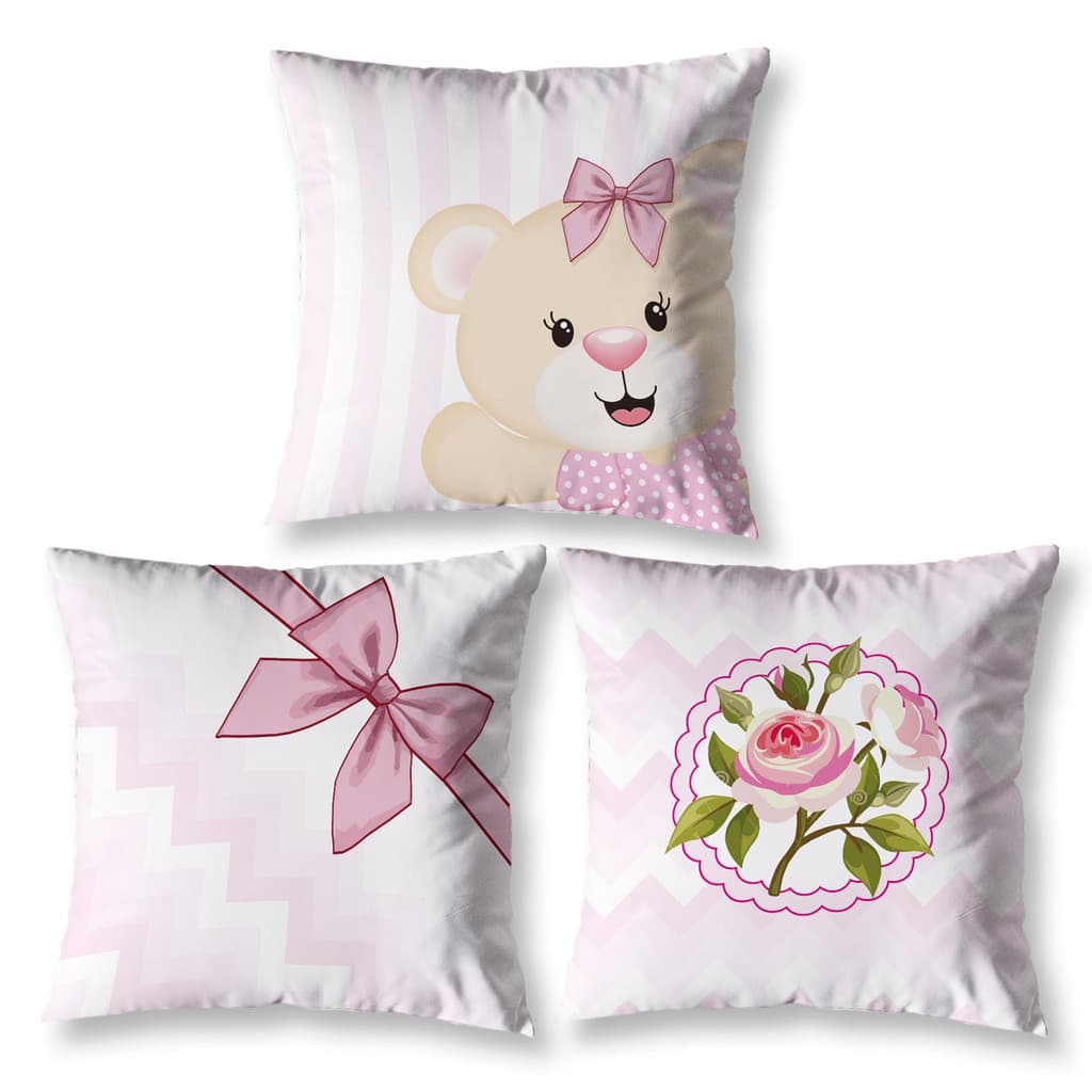 Kit 3 Almofadas Cheias Menina Estampadas Infantil 40cm x 40cm Zíper invisível Digital Decorativa