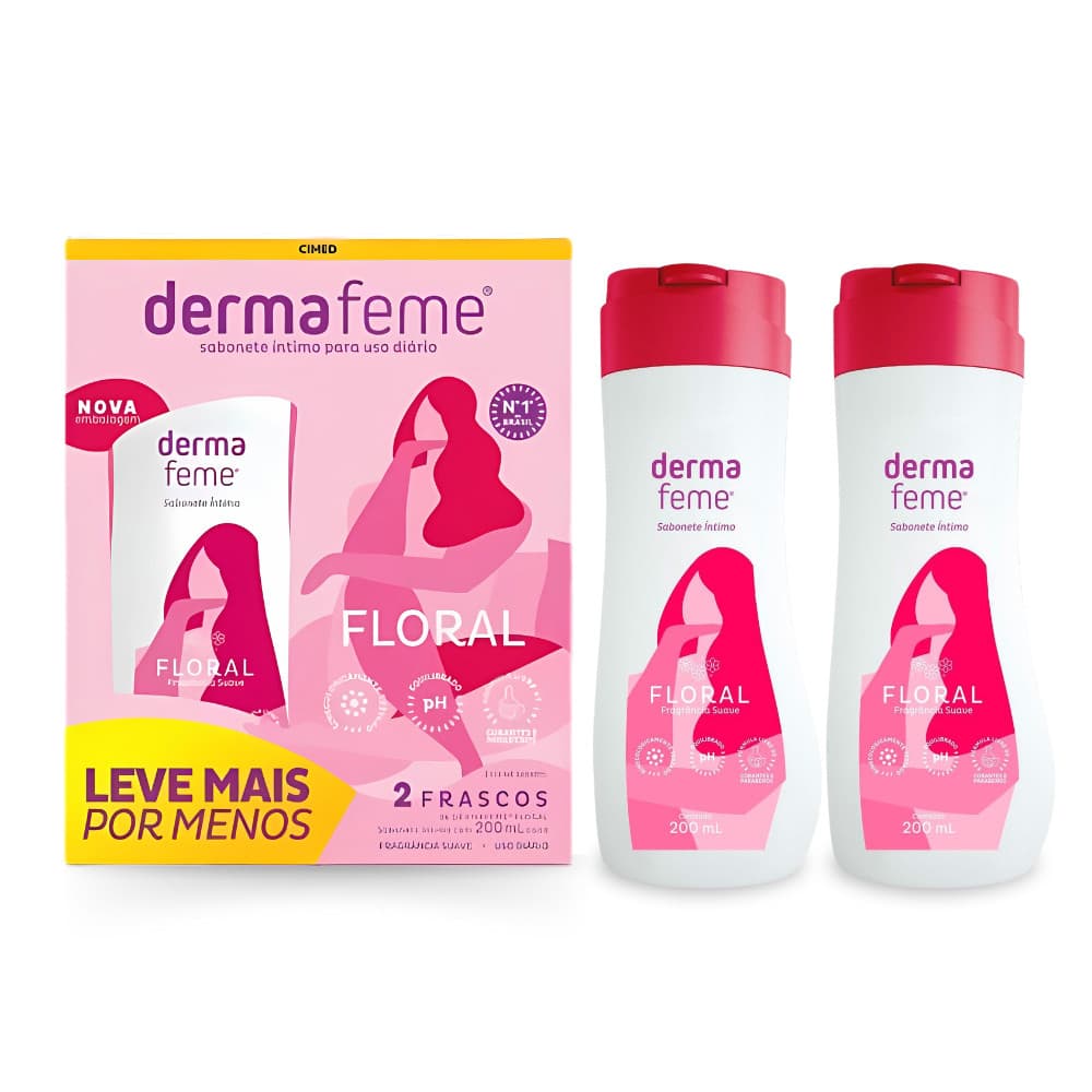 Kit Sabonete Íntimo Líquido Aroma Floral 200ml 2Un Dermafeme Cimed Refrescante Feminino PH