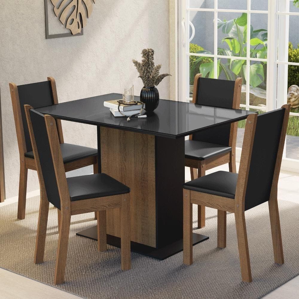 Conjunto Sala De Jantar Mesa Tampo De Vidro 4 Cadeiras Preto Rustic Martina Madesa