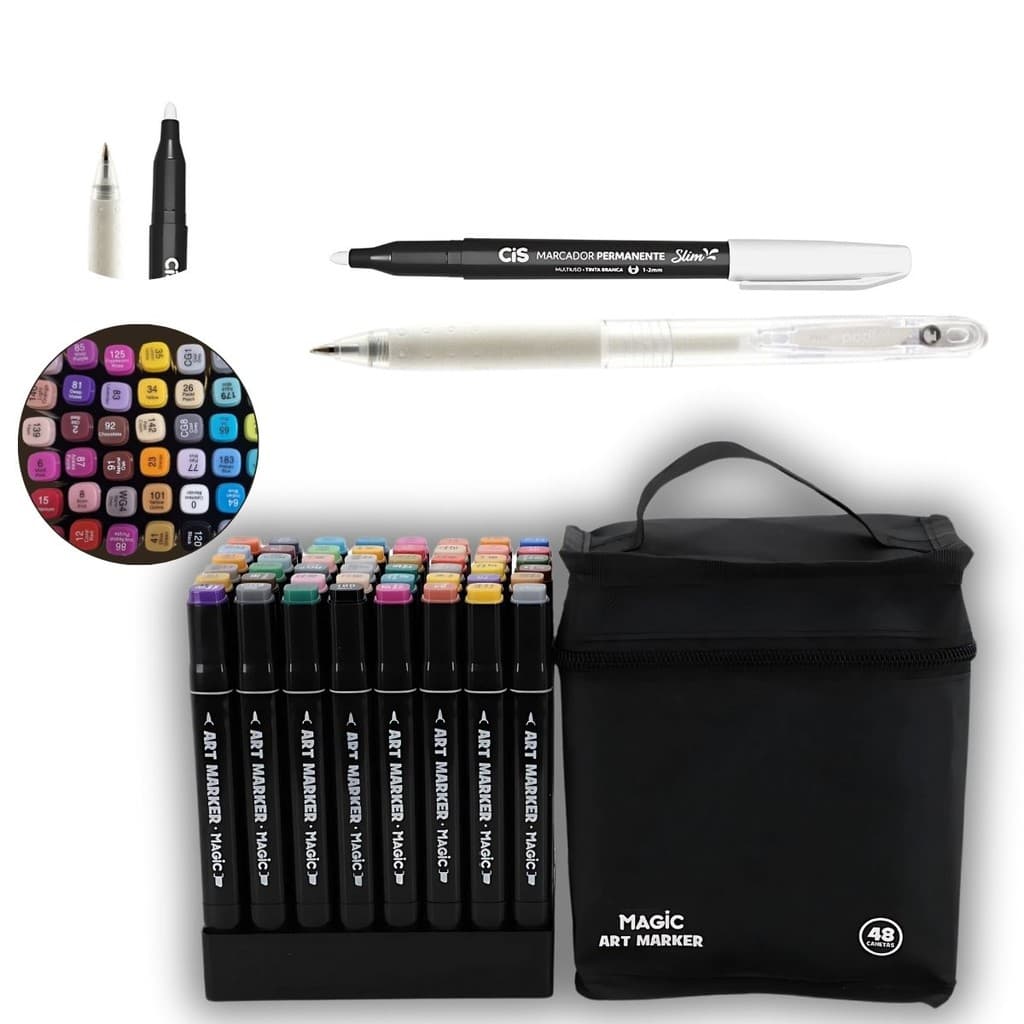KIT CANETA GEL BRANCA POP LOL+48 CANETINHA TOUCH MARCADOR ARTISTICO C/ BOLSA ART MAGIC+MARCADOR SLIM