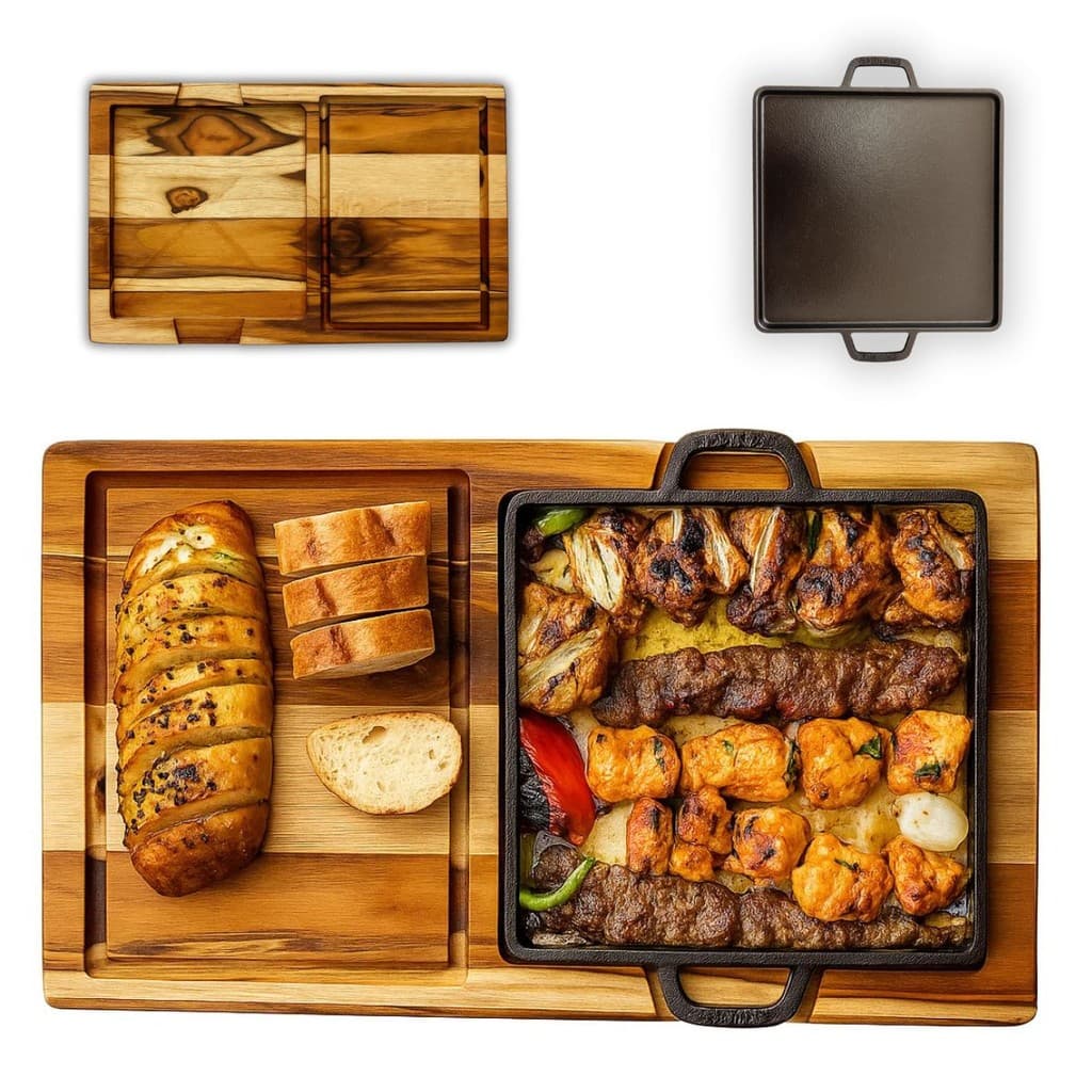 Kit Tábua de Corte Madeira Teca 47x28 com Chapa para Porções Churrasco