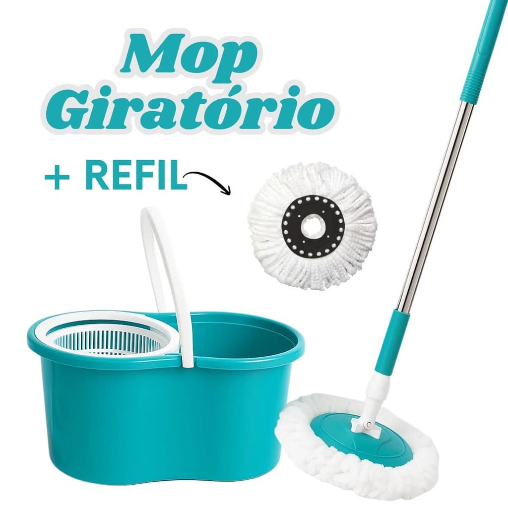 Mop Giratório Esfregão Rodo Para Limpeza Fácil 360° Cabo de Aço - Turquesa