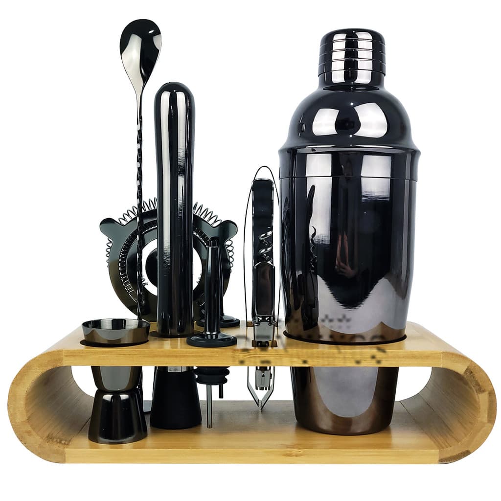 Coqueteleira Profissional Com Acessórios em Aço Inox 750ml Kit Barman Base em Madeira - Black Premium