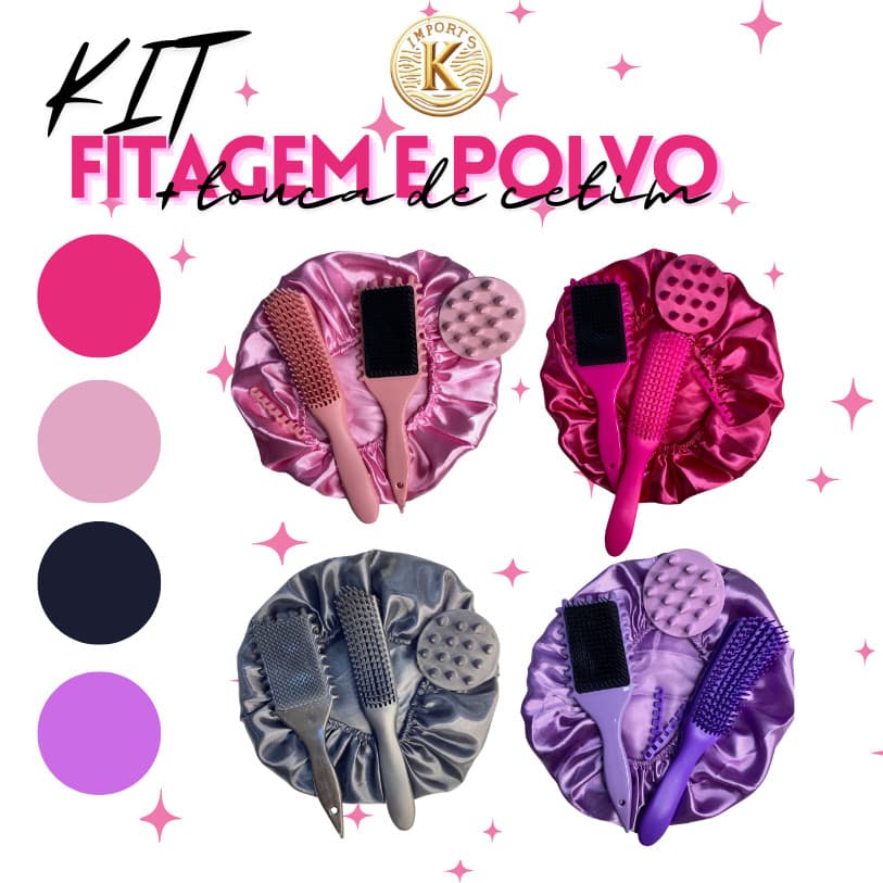 Combo Cachos Perfeitos 4 em 1 Cuidados Escova de Fitagem Escova Polvo Massageador Touca