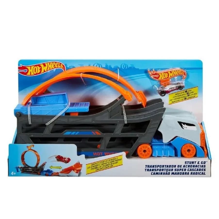 Hot Wheels City Caminhão Pista Acrobacias Stunt &amp; Go Vem C/ 1 carrinho - Transporta ate 18 carrinhos - Mattel