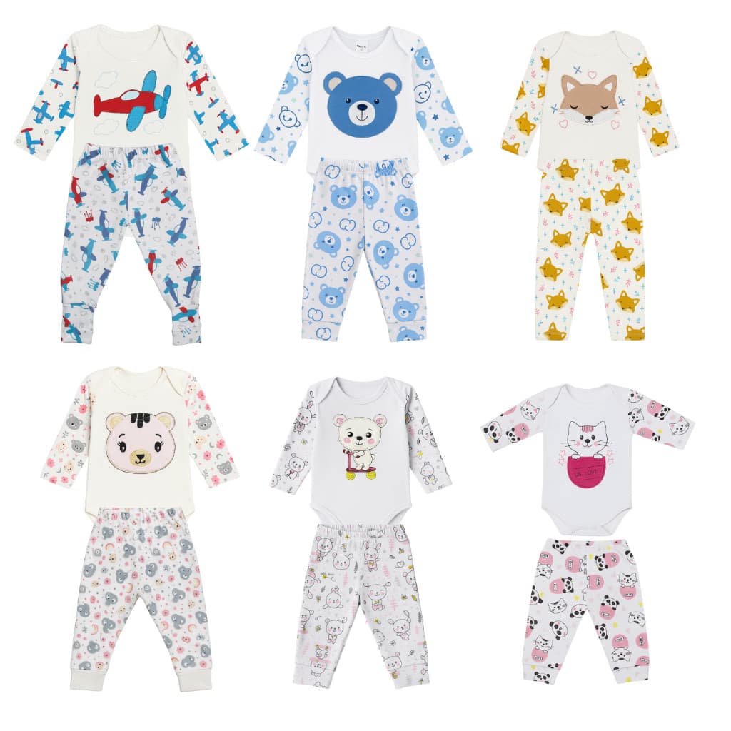 Body bebê Manga Longa + Mijão Vira Pé Revesivel Bordado e Estampado 100% Algodão