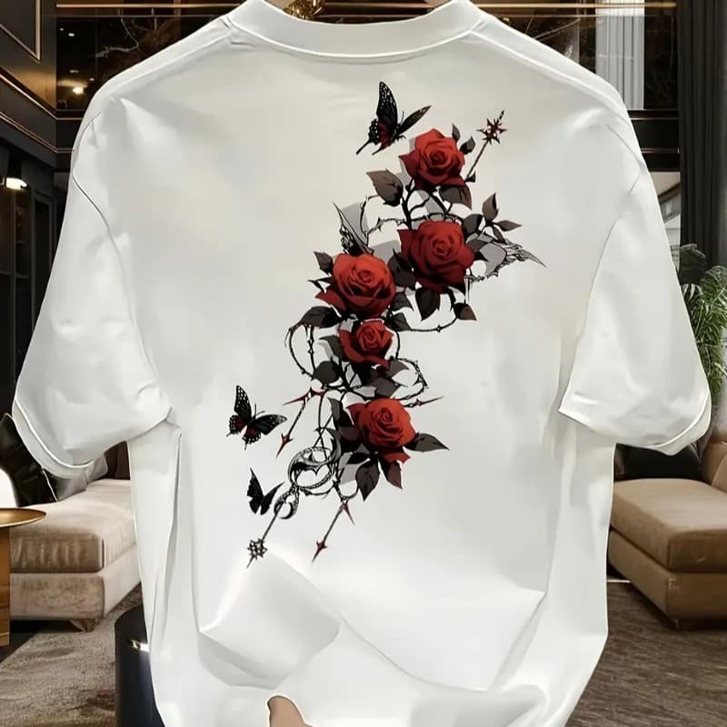 Camiseta Masculina Estampada Rosas Camisa 100% Algodão Estilosa