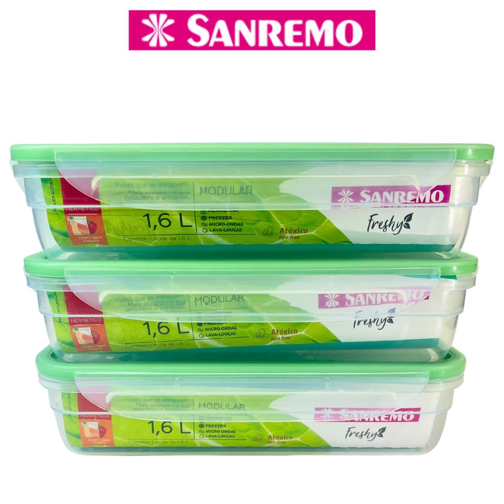 Kit 3 Potes Plástico Hermético com Travas Laterais 1,6L Resistente Sanremo