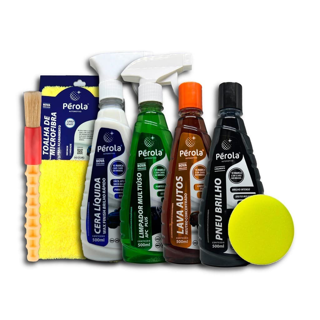 Kit Shampoo Cera brilho Final  APC Pneu pretinho Toalha Aplicador Pincel Pérola