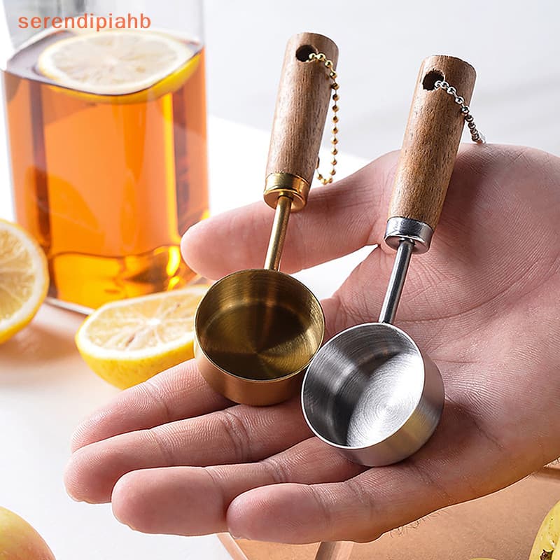 [serendipiahb] Colher Medidora De Aço Inoxidável , Fundo Plano , Copo Medidor Pendurado , À Prova De Ferrugem Com Cabo De Madeira , Ferramentas De Medição De Café De Cozinha