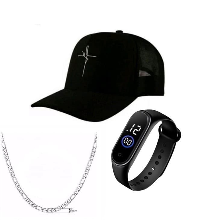 Kit Relógio Masculino Digital + Boné Fé + corrente em inox  Kit para Presente o Filho