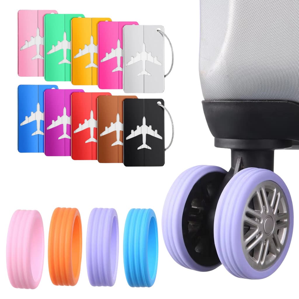 Kit Tag Mala Viagem Segura Etiqueta + 8 Protetor Rodinha Mala Bagagem Completa