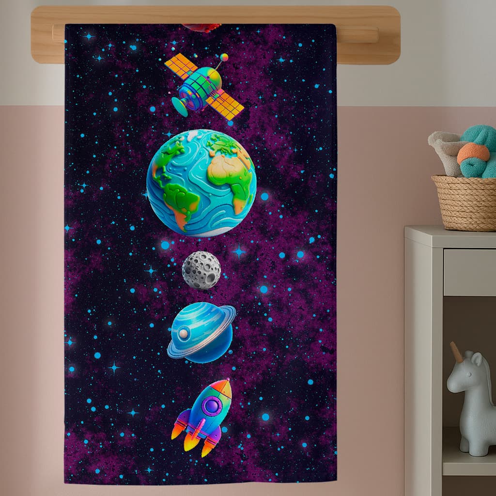 Toalha Algodão Infantil Com Estampa Astronauta Cute Galaxia Estrelas De Banho e Piscina