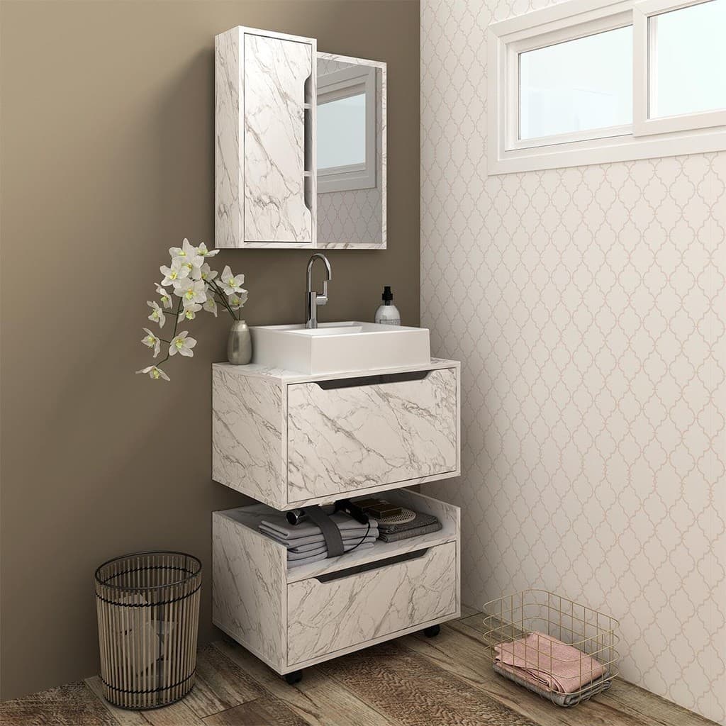 Kit Banheiro Modulado com Espelho Cuba e Gaveteiro Mármore Branco Tecno Mobili