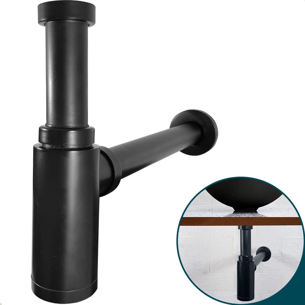 Sifão Copo Preto Fosco Quadrado Inox304 Universal Banheiro Cuba Aparente Pia Suspensa 7/8 e 1 1/4