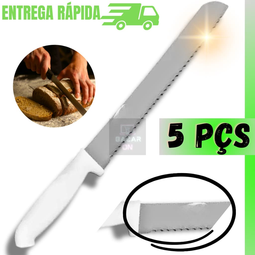 Jogo 5 Facas Para Pão 32cm Grande De Serra Afiado Profissional Cabo Ergométrico Branco Kit Aço Inox