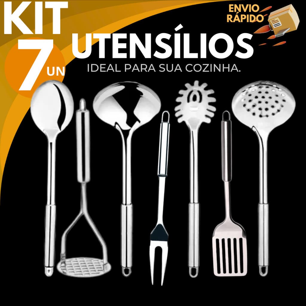 Jogo 7 Utensílios Premium Para Cozinha 100% Inox Colher Concha Espátula Escumadeira Pegador Garfo
