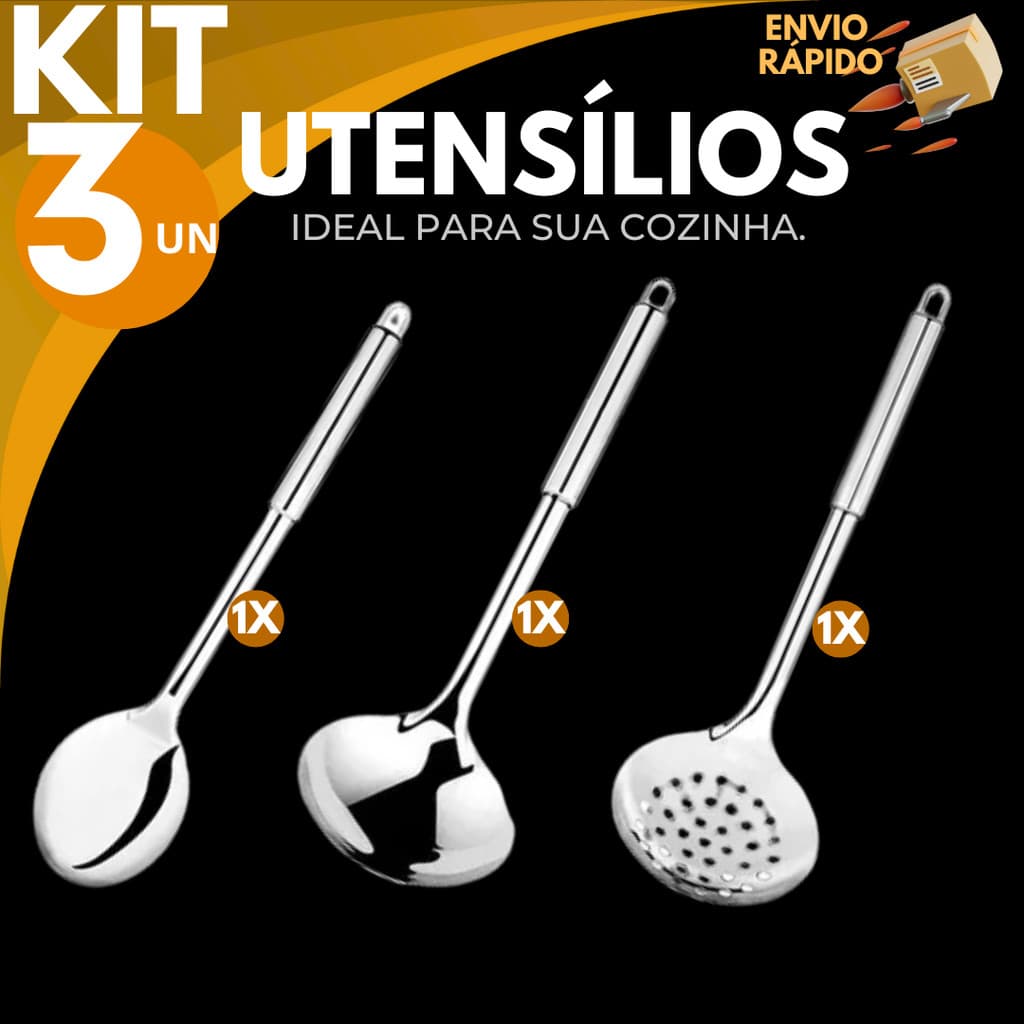 Conjunto de Utensilio Cozinha Inox Colher Concha Escumadeira Servir Profissional