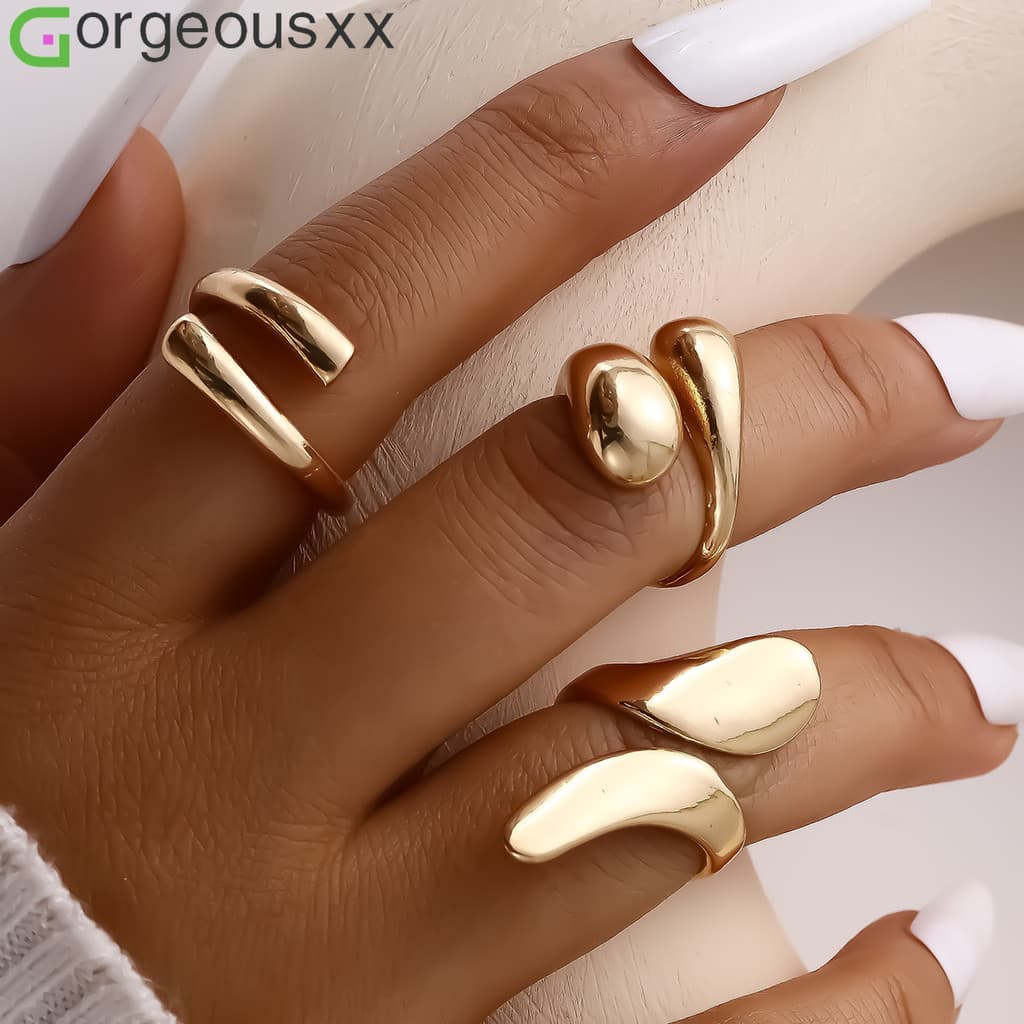 [Gorgeousxx] 3 Pçs/set Gota De Água Geometria Anel De Abertura Para Mulheres Estilo vintage Anéis Jóias