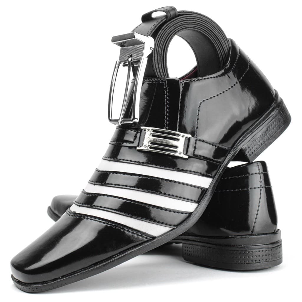Sapato social masculino preto e branco estilo italiano + cinto social preto