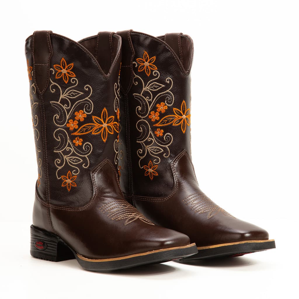 Bota Country Feminina Chocolate Couro Legítimo Premium Confortável Durável Cano Médio Estilo Western