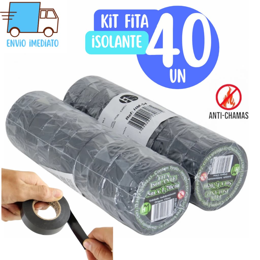 Kit 40 Fitas isolante 5 metros Antichama Preta para Eletricista uso Geral Domestico e Industrial