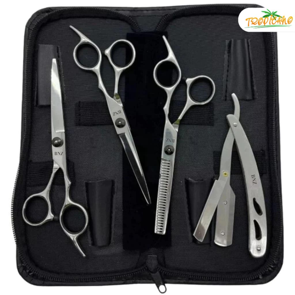 Kit 4 Tesoura Moagem de Cabelo Profissional Aço Inoxidável Barbear Ouro