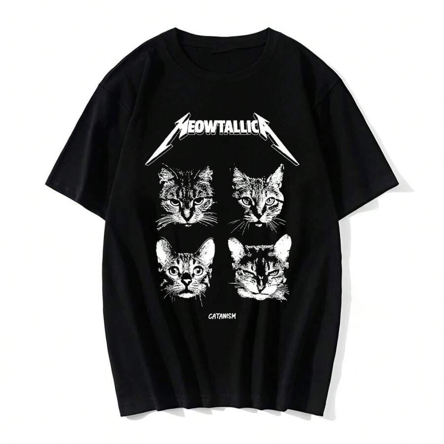 Bonito Camiseta Rock Reaction Cat Unissex 100% Algodão Premium Meowtallica Top Nova Chegada