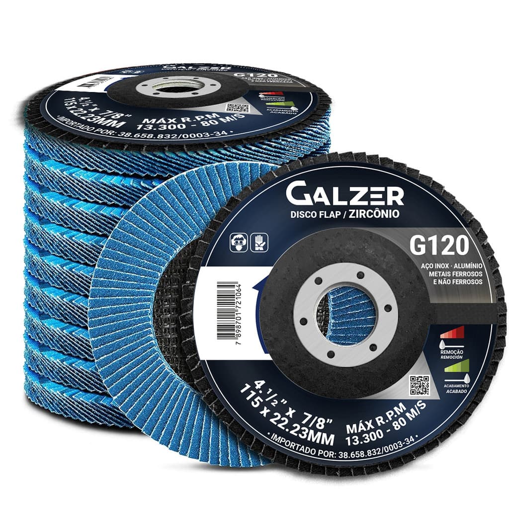 Kit Disco Zircônio Lixa Flap 4.1/2 Grão 120 Com 10 Unidades 115mm x 22,23 mm
