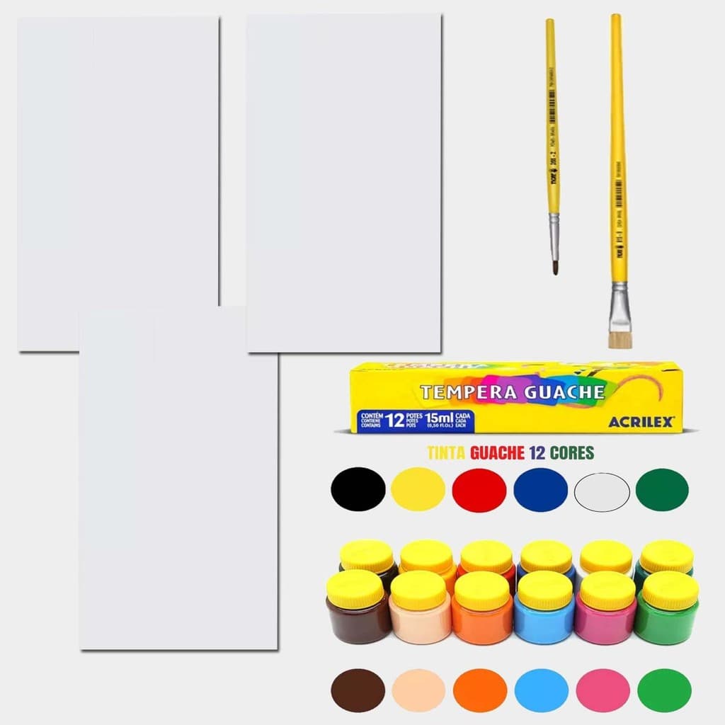 Kit 3 Telas 20x30cm + 2 Pinceis + Tinta Guache 12 Cores