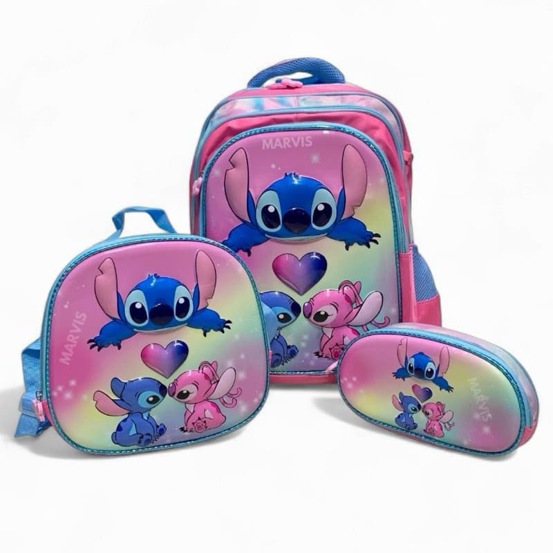 Kit Mochila Bolsa STITCH.. ANGEL Personagem feminina Infantil Escolar ..mochila ,lancheira e estojo ...