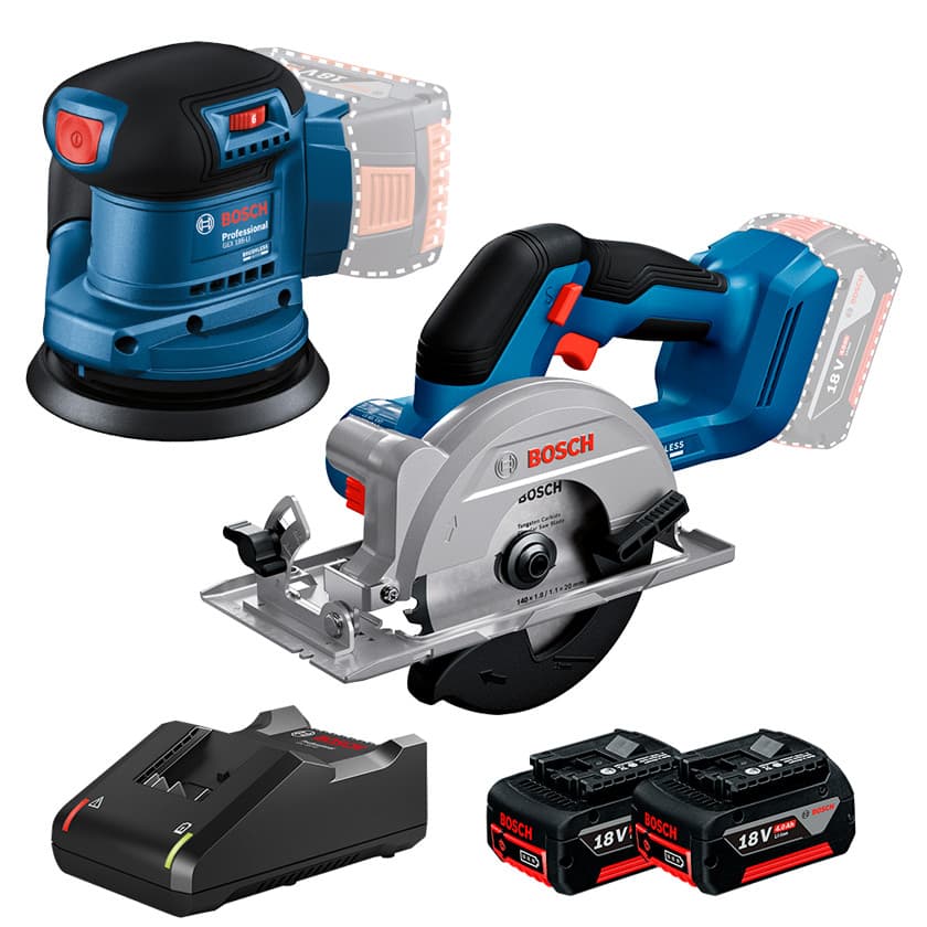 Lixadeira Roto Orbital 5" GEX 185-LI + Serra Circular 5.1/2" GKS 18V-51 + 2 Bateria 4Ah + Carregador Rápido Bosch
