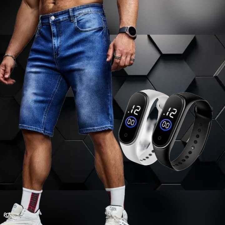 Bermuda Masculina Lisa Com Lycra Escura Premium + Relógio M4 prova dagua Promoção com lycra