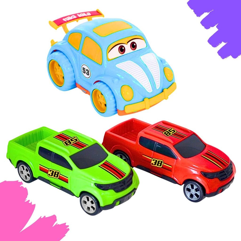Kit Brinquedo Completo 2 Caminhonetes Pickup 1 Fusquinha Carrinho Plástico Criança Menino Infantil