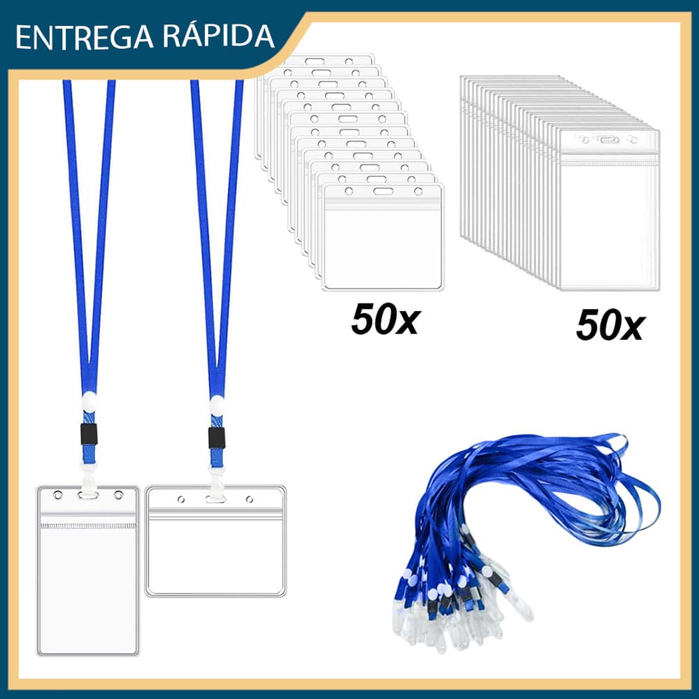 50 x Crachá de trabalho em PVC transparente vertical/horizontal com cordão Porta crachá Crachá de funcionário