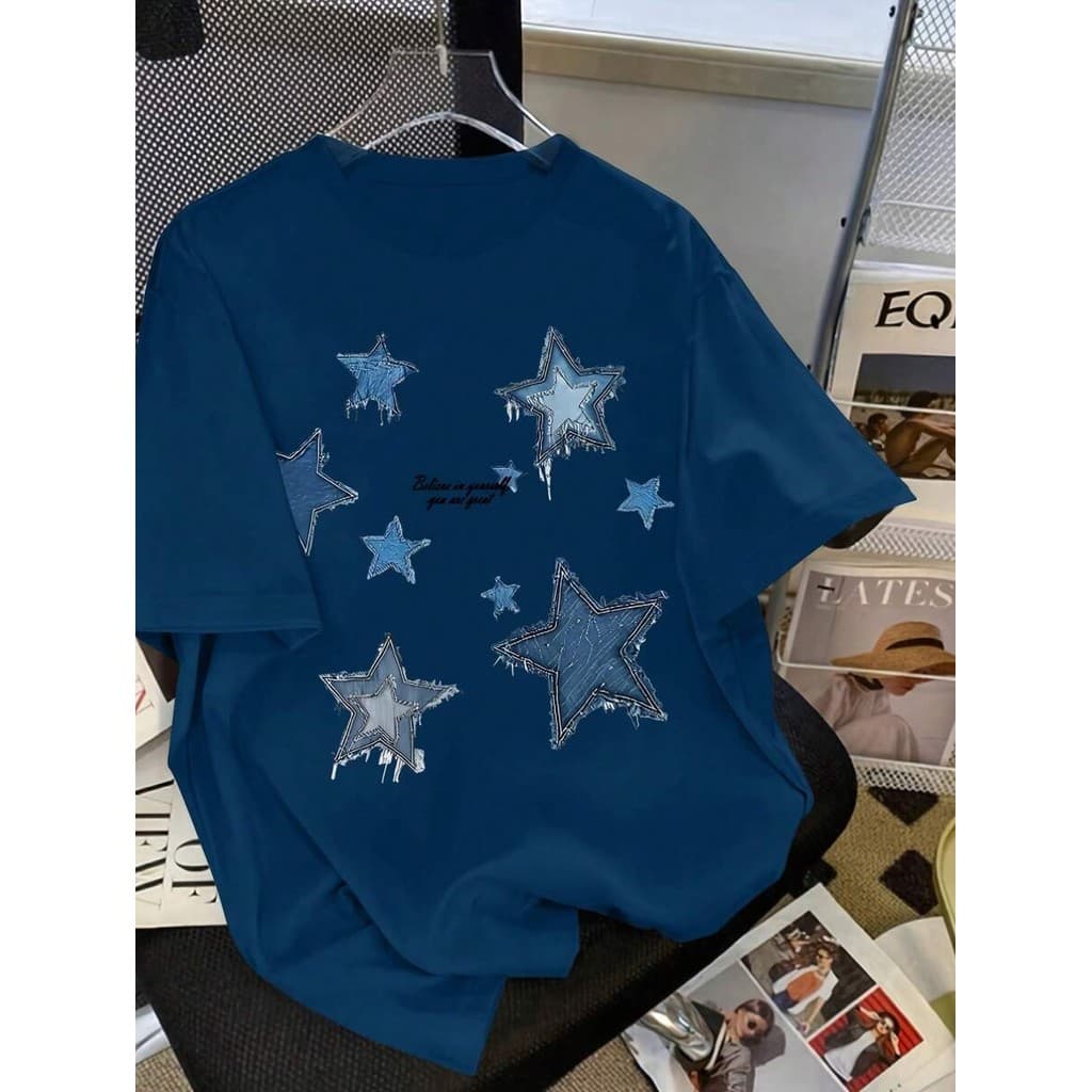 Tshirt Feminina Estilosa Estampada Estrelado Lançamento Camiseta 100% Algodão Camisetão Camisa Oversized Plus Size