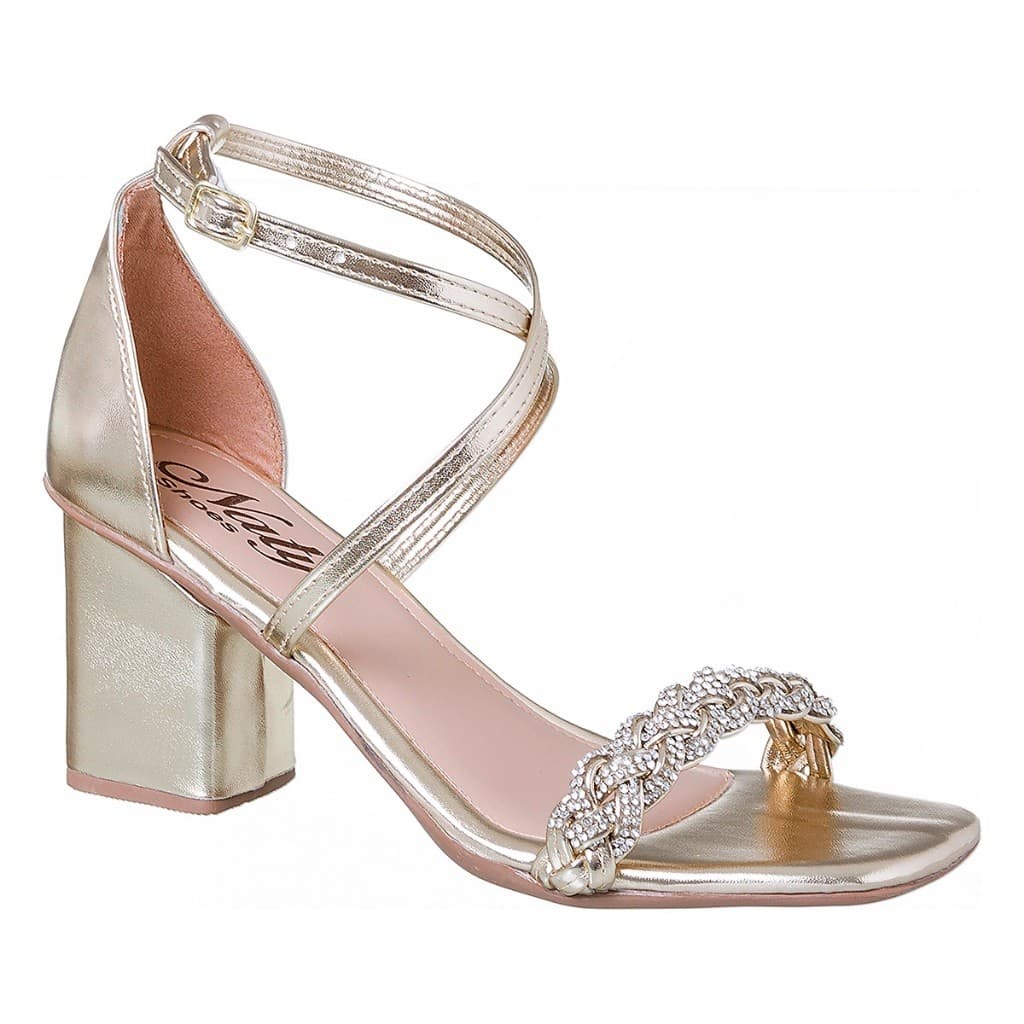 Sandália Ouro Feminina Pedraria Strass Salto Alto Bloco Grosso Traseiro Fechado Feminina Naty Shoes